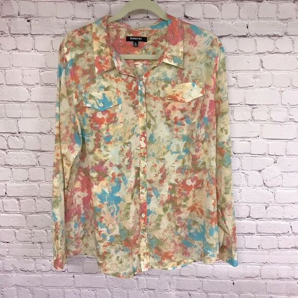 Relativity Top Abstract Watercolor Button Front Tab Sleeve Bohemian Size XL - Picture 1 of 9